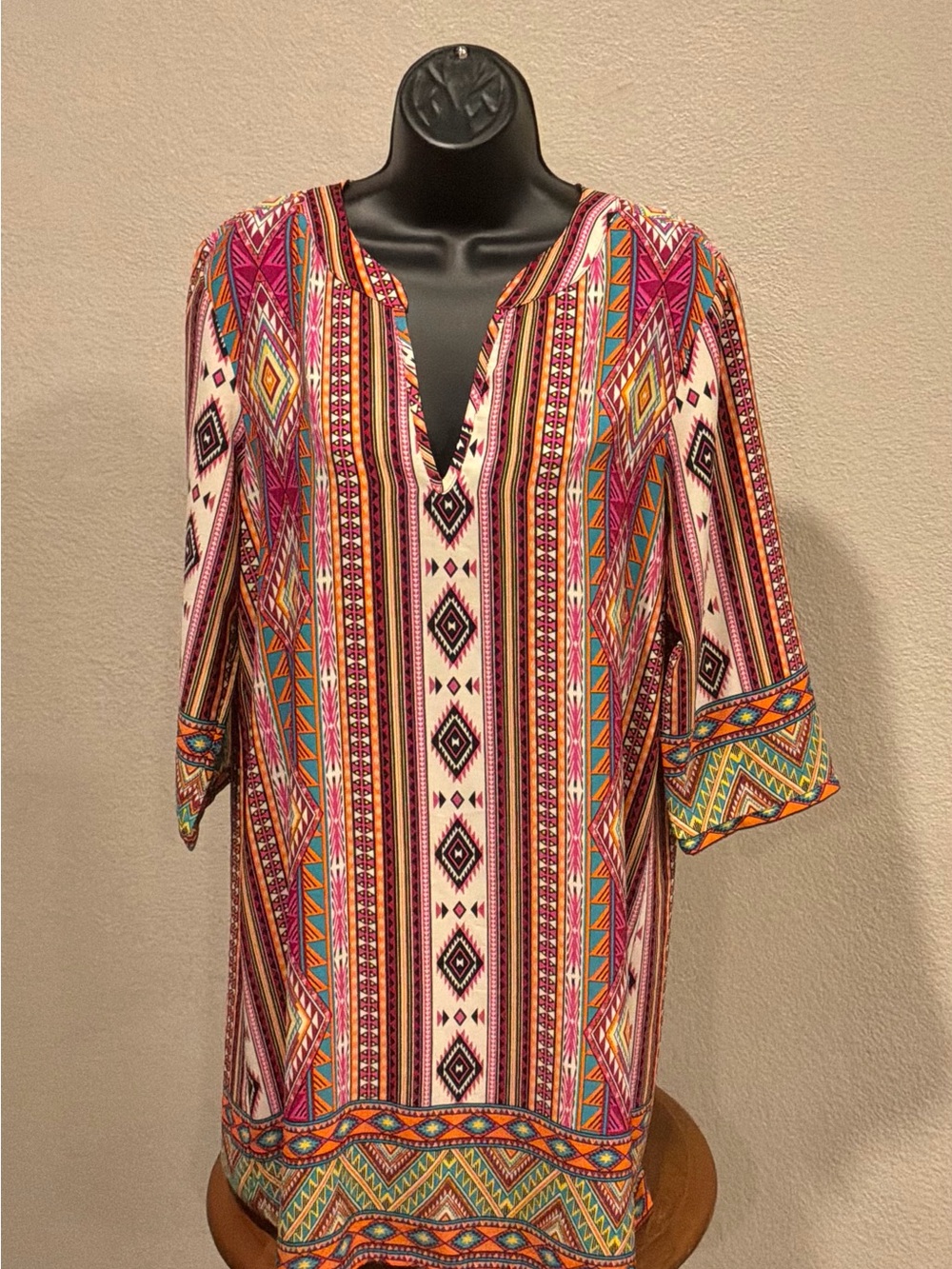 Gibson Latimer Multicolor Aztec-Print Mini Dress — Pink, Turquoise, Orange